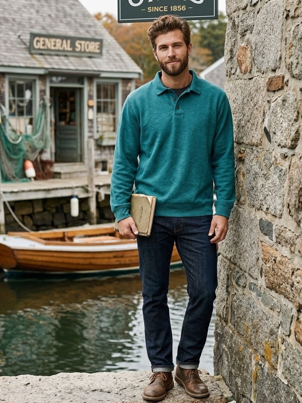 Orvis Men's Teal Long Sleeve Polo Sweater